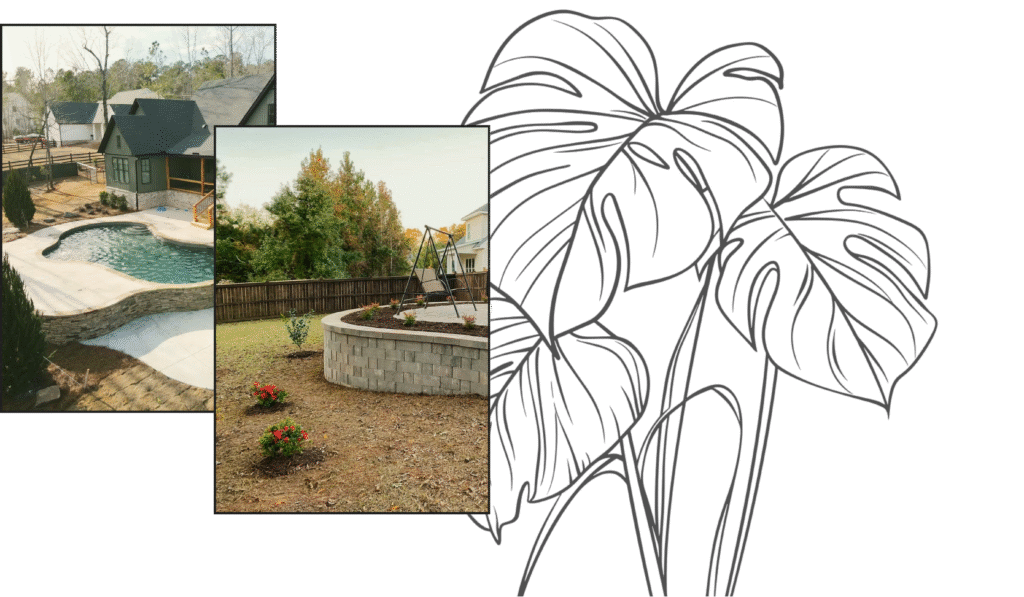 Custom backyard landscaping in Middle Georgia featuring a poolside paver patio with retaining wall and a raised garden bed, designed by Georgia Roots Landscaping to solve drainage issues, boost curb appeal, and create functional outdoor living space.