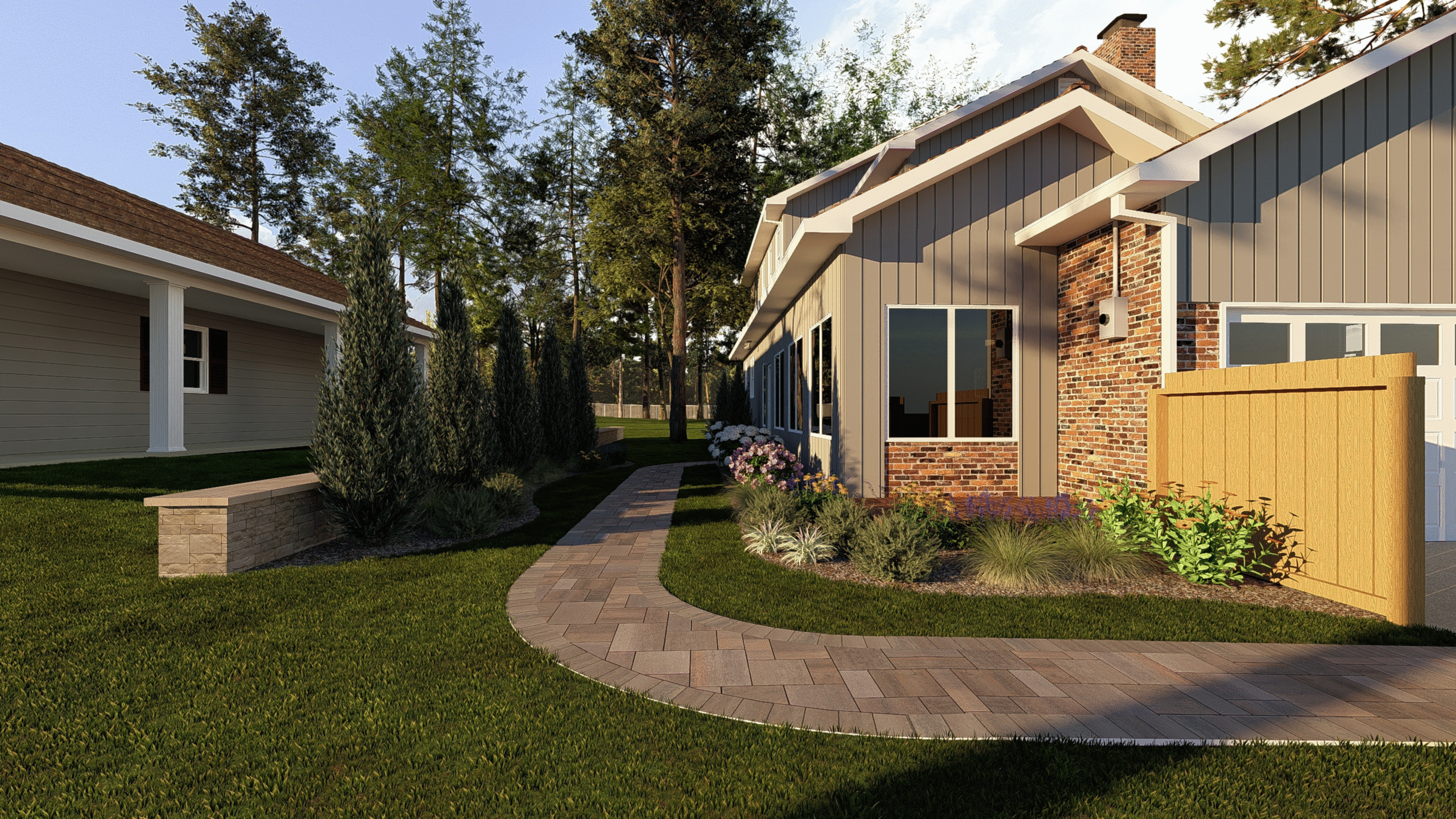 Professional residential landscaping in Warner Robins, GA featuring a paver walkway, manicured lawn, and custom plant design by Georgia Roots Landscaping.