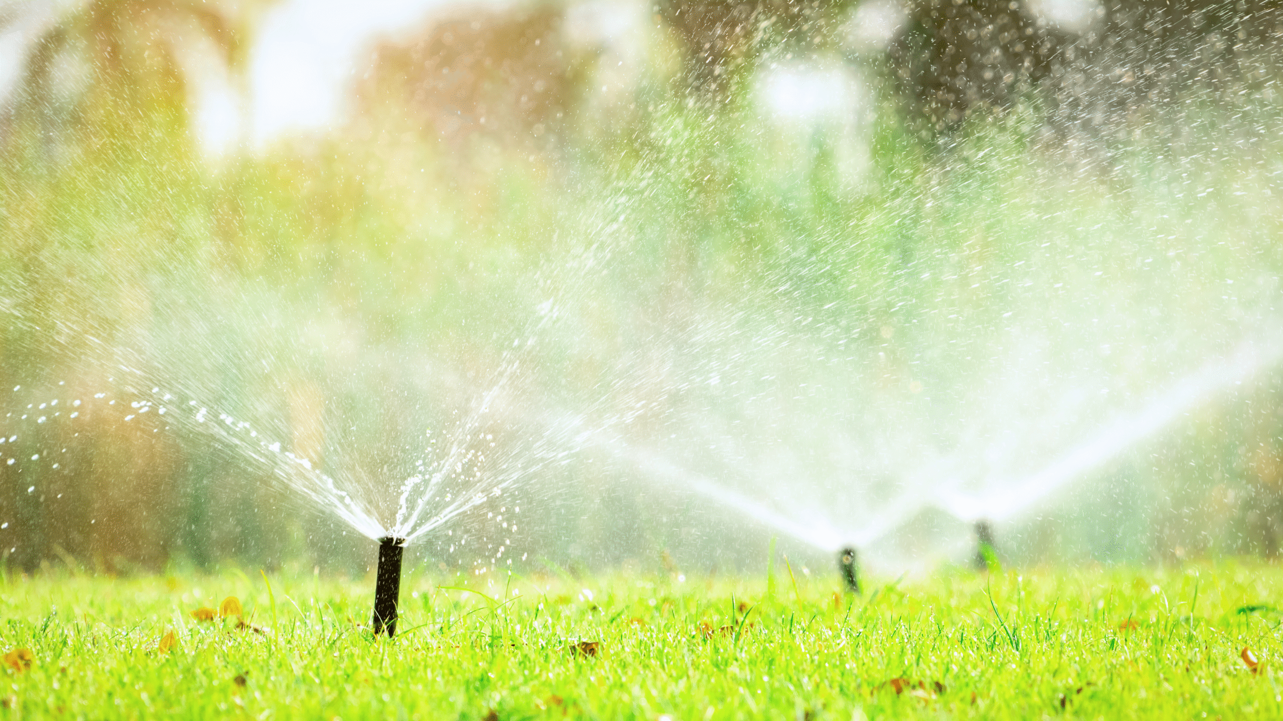 Automatic lawn sprinklers watering a green yard in Middle Georgia, installed by Georgia Roots Landscaping for efficient irrigation.