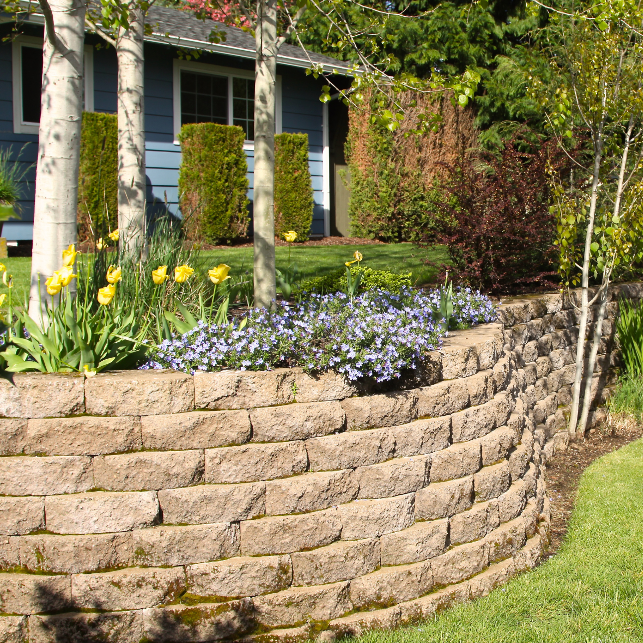 Curved stone retaining wall with blooming flowers and trees designed by Georgia Roots Landscaping in Middle Georgia, built for erosion control, structure, and landscape beauty.